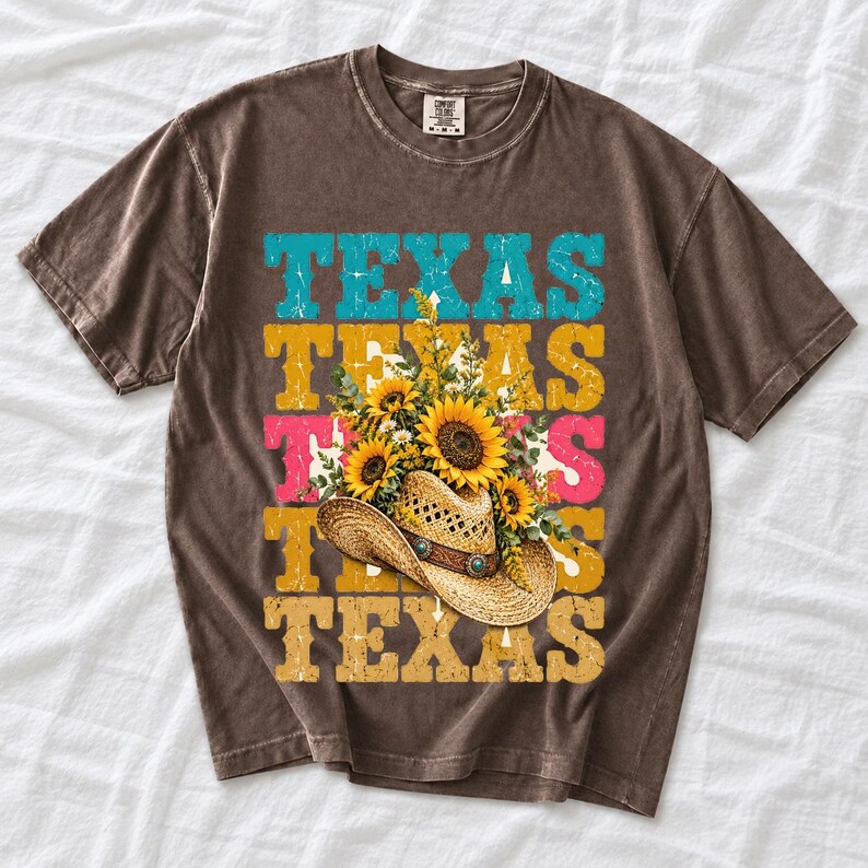Straw cowboy hat full of sunflowers over a five-line stacked TEXAS word in retro western colors