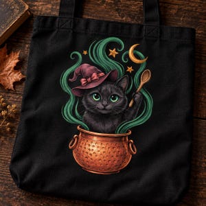 Black Cat Tote Bag, Witchy Cauldron Cat Tote, Witch Cat Canvas Bag, Black Cat Library Tote Bag image 3