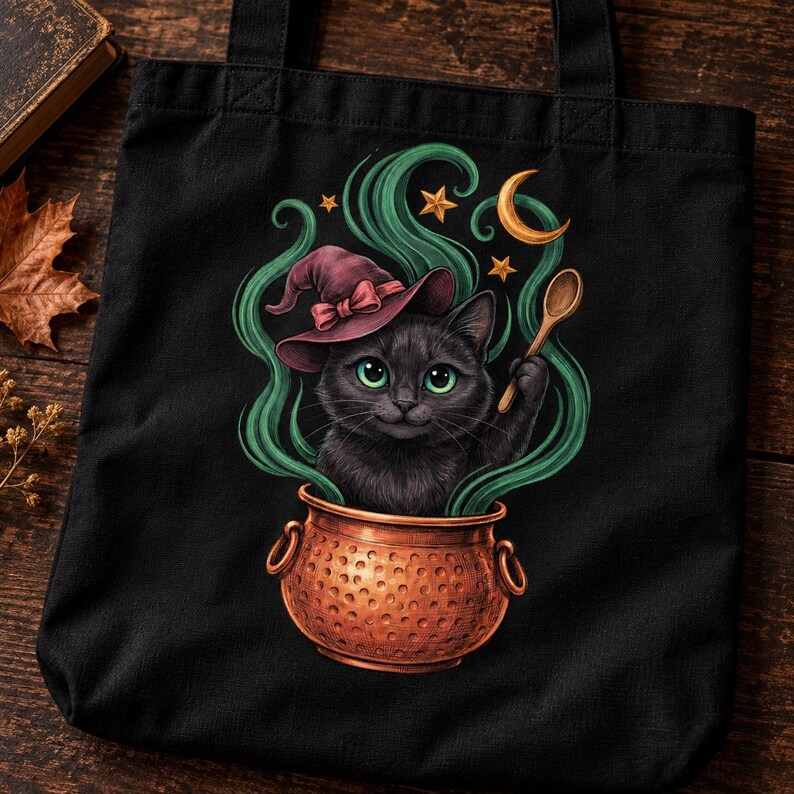 Black Cat Tote Bag, Witchy Cauldron Cat Tote, Witch Cat Canvas Bag, Black Cat Library Tote Bag image 3