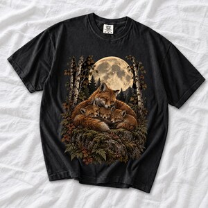 Fox family curled on a rock under a huge full moon among birch trees, dark realistic woodland illustration