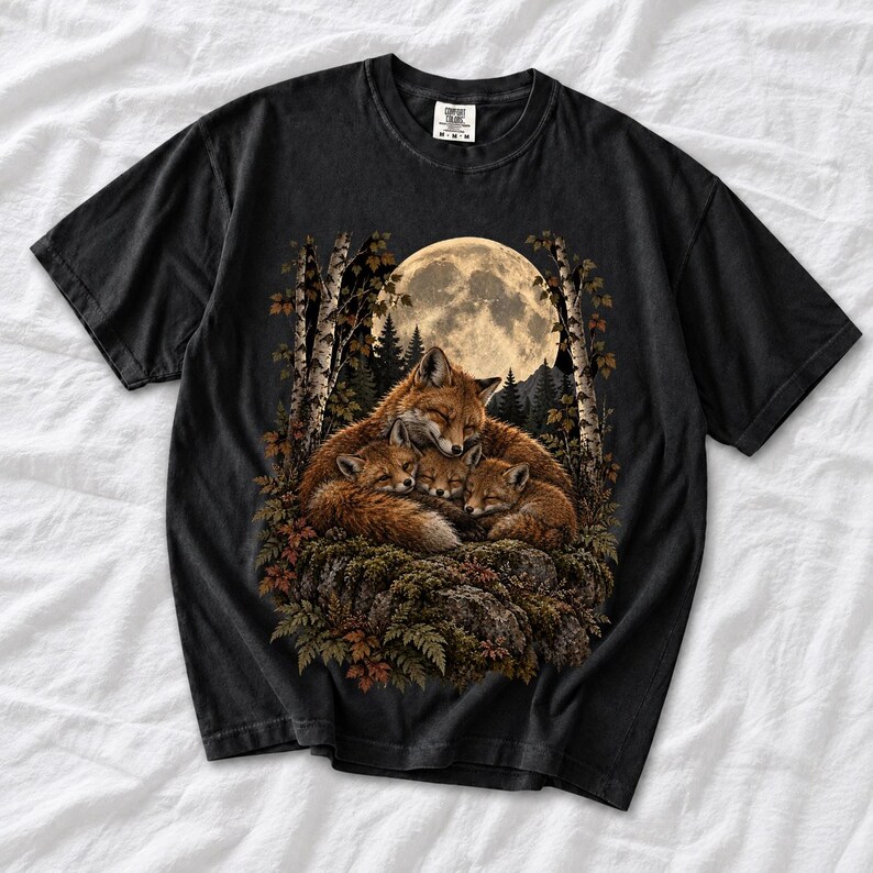 Fox family curled on a rock under a huge full moon among birch trees, dark realistic woodland illustration