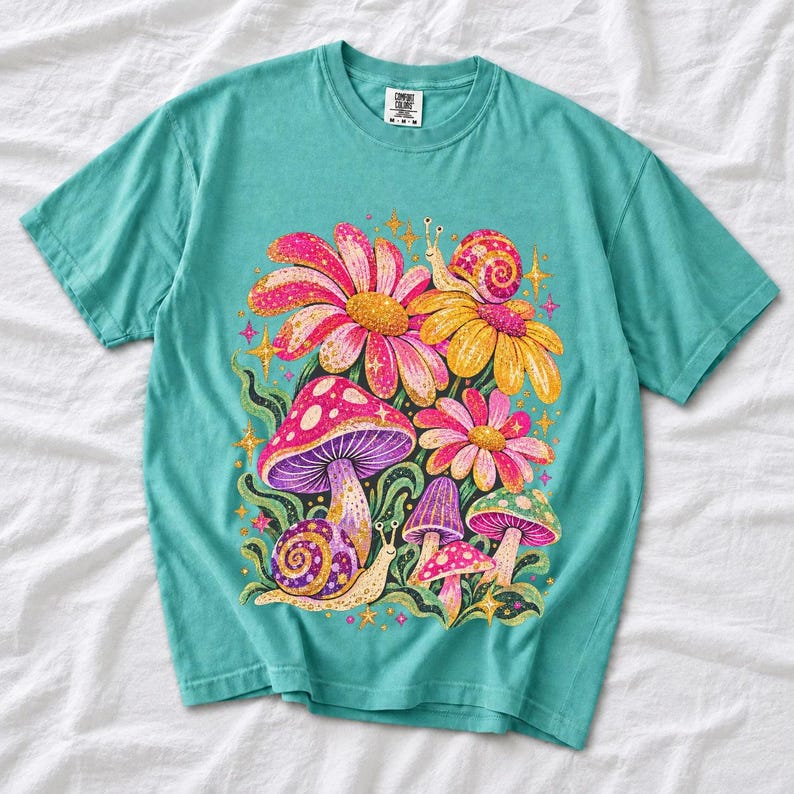 Retro 70s psychedelic glitter daisies and snails with groovy stars in pink, mustard, violet and mint