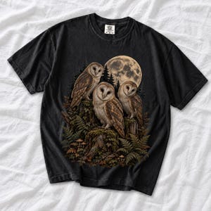 Three barn owls on a mossy stump under a huge full moon with ferns and mushrooms, dark realistic forest illustration