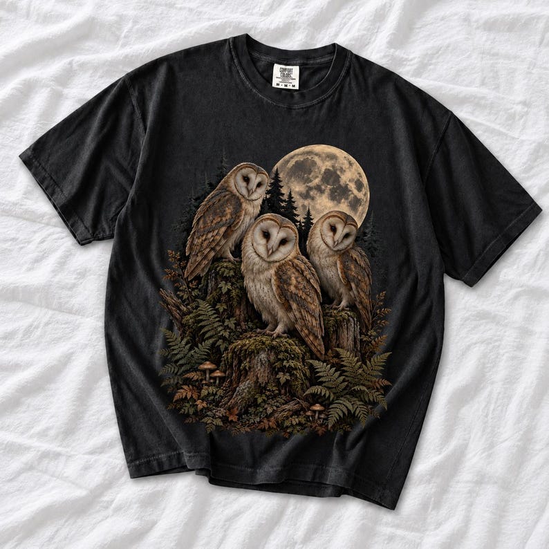 Three barn owls on a mossy stump under a huge full moon with ferns and mushrooms, dark realistic forest illustration