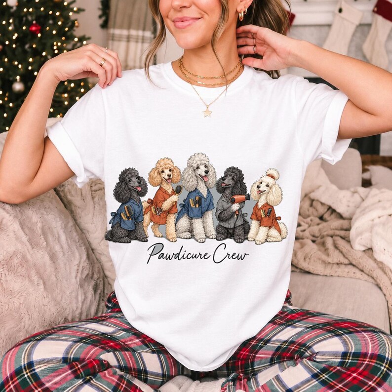 Illustrated poodles in salon smocks with brushes and a hair dryer, text Pawdicure Crew