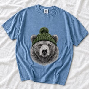Comfort Colors Bear Beanie Shirt, Sketch Bear Winter Tee, Grizzly Bear Green Beanie T-shirt, Cabin Bear Lover Shirt Gift, Bear Tee