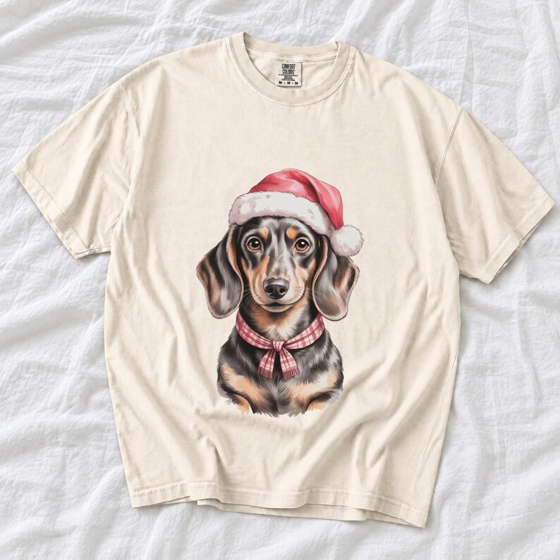 Comfort Colors Dachshund Santa Hat Shirt, Watercolor Doxie Christmas Tee, Dachshund Christmas T-shirt, Doxie Mom Holiday Shirt