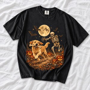 A skeleton chasing a golden labrador that stole its arm bone under a full moon with jack o lanterns and bats