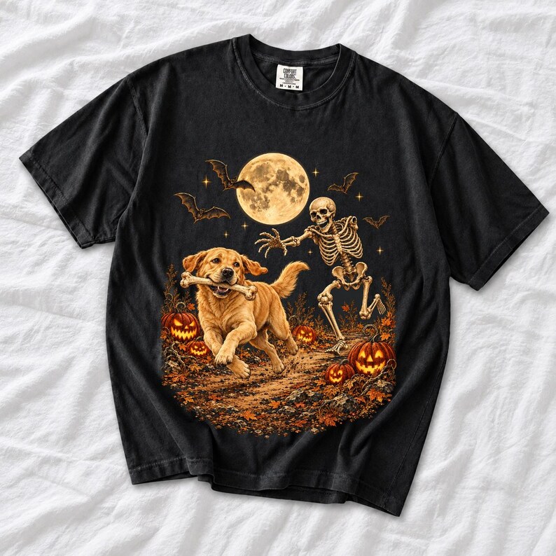 A skeleton chasing a golden labrador that stole its arm bone under a full moon with jack o lanterns and bats