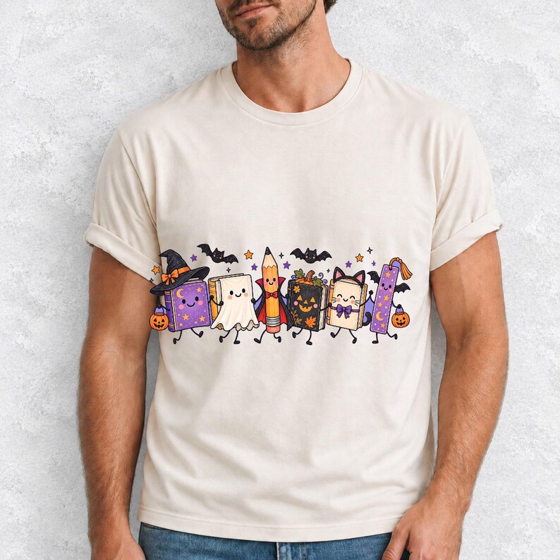 Kawaii books, pencil and bookmark with faces in Halloween costumes, pastel purple and orange