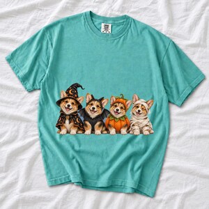 Realistic illustration of four corgi puppies in wizard, bat, pumpkin and mummy costumes in a row