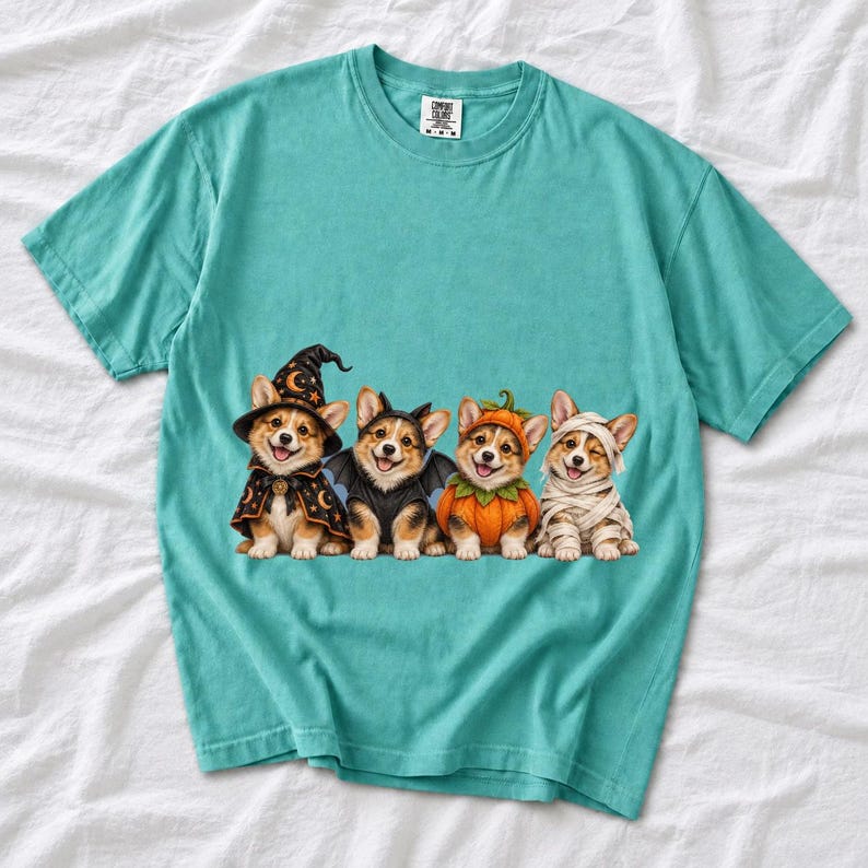 Realistic illustration of four corgi puppies in wizard, bat, pumpkin and mummy costumes in a row