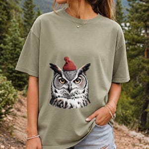 Comfort Colors Owl Santa Hat Shirt, Sketch Owl Christmas Tee, Great Horned Owl Winter T-shirt, Owl Lover Holiday Shirt, Bird Lover Owl Tee