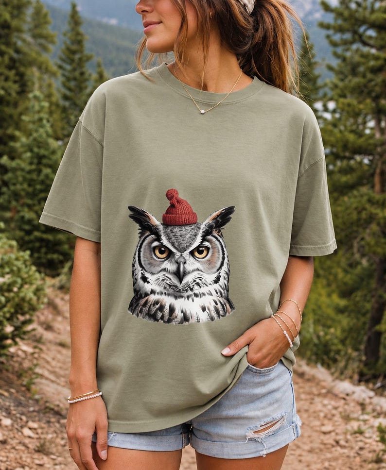 Comfort Colors Owl Santa Hat Shirt, Sketch Owl Christmas Tee, Great Horned Owl Winter T-shirt, Owl Lover Holiday Shirt, Bird Lover Owl Tee