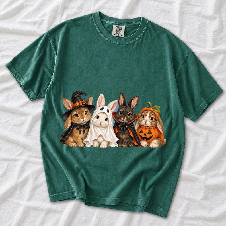 Realistic illustration of four bunnies in witch, ghost, vampire cape and pumpkin costumes in a row