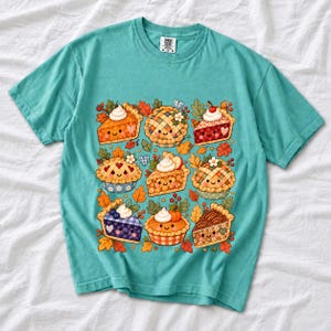 Grid of cute pie slices and mini pies with faces, lattice crusts and autumn leaves in patchwork sticker style