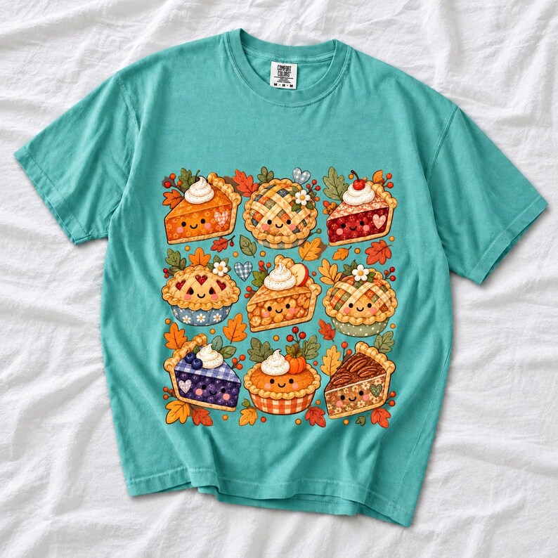 Grid of cute pie slices and mini pies with faces, lattice crusts and autumn leaves in patchwork sticker style