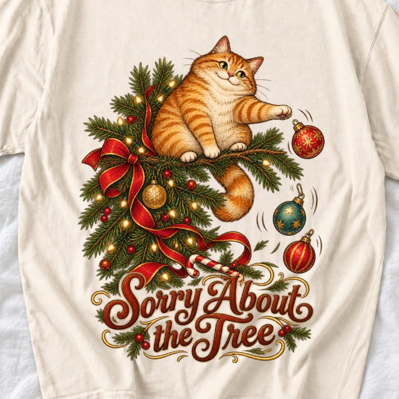 Рыжий кот роняет ёлочные игрушки «Sorry About the Tree»