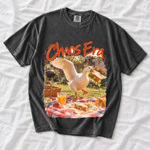 Goose stealing a sandwich from a picnic blanket, 90s film photo style, text "Chaos Era"