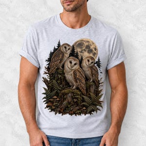 Three barn owls on a mossy stump under a huge full moon with ferns and mushrooms, dark realistic forest illustration