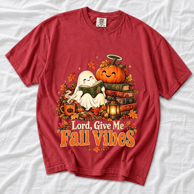 Smiling pumpkin with a halo beside a stack of books and a lantern, text "Lord, Give Me Fall Vibes", retro fall illustration