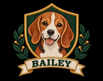 May include: An embroidered patch featuring a beagle dog face centered within a dark green shield with a gold border. The shield is flanked by green laurel branches with gold berries. A white banner below displays the name BAILEY in green text.