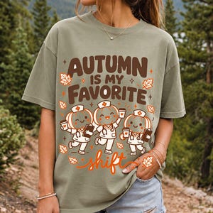Cute pumpkin characters in nurse caps with clipboards and coffee, text Autumn Is My Favorite Shift