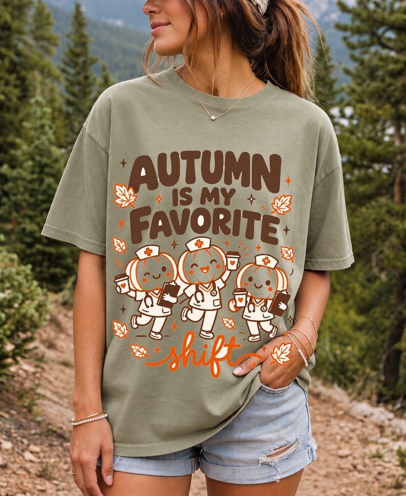 Cute pumpkin characters in nurse caps with clipboards and coffee, text Autumn Is My Favorite Shift
