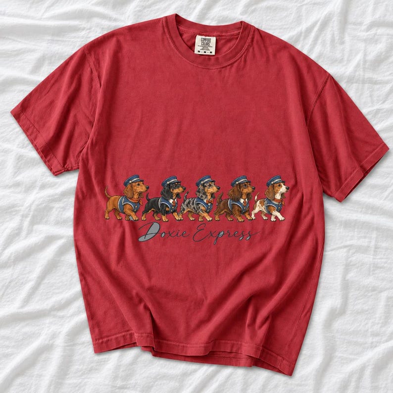 Illustrated dachshunds in conductor hats lined up like a train, text Doxie Express