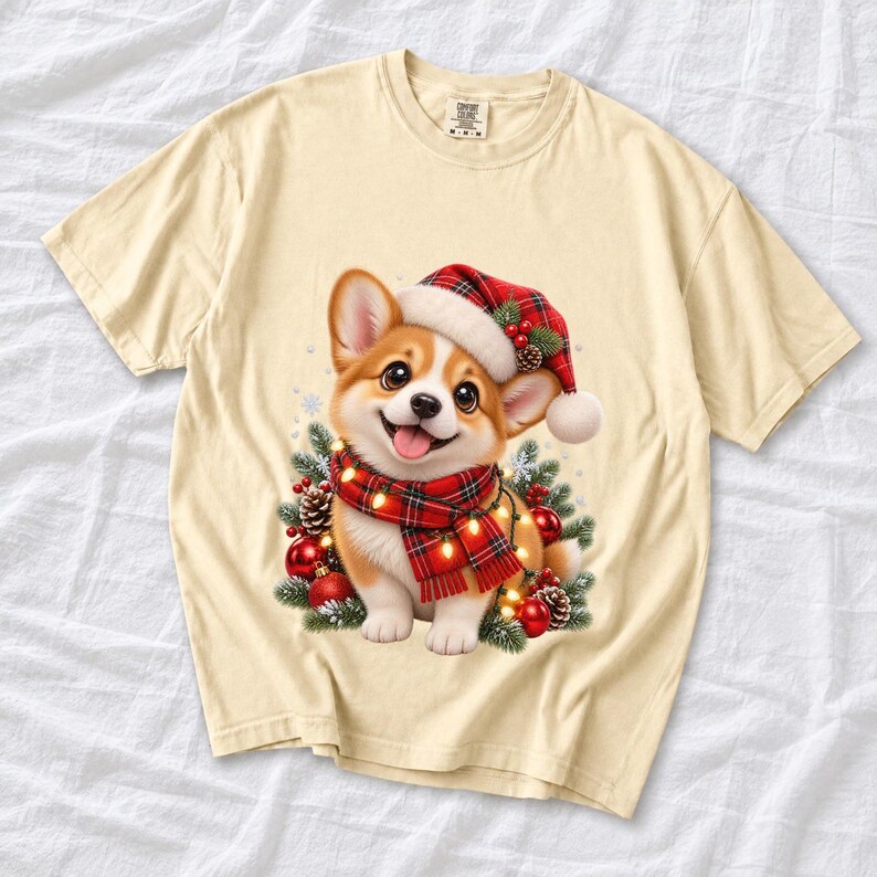 Comfort Colors Christmas Corgi Puppy Shirt, Cute Corgi Santa Hat Tee, Corgi Lover Christmas T-shirt, Corgi Mom Holiday Shirt