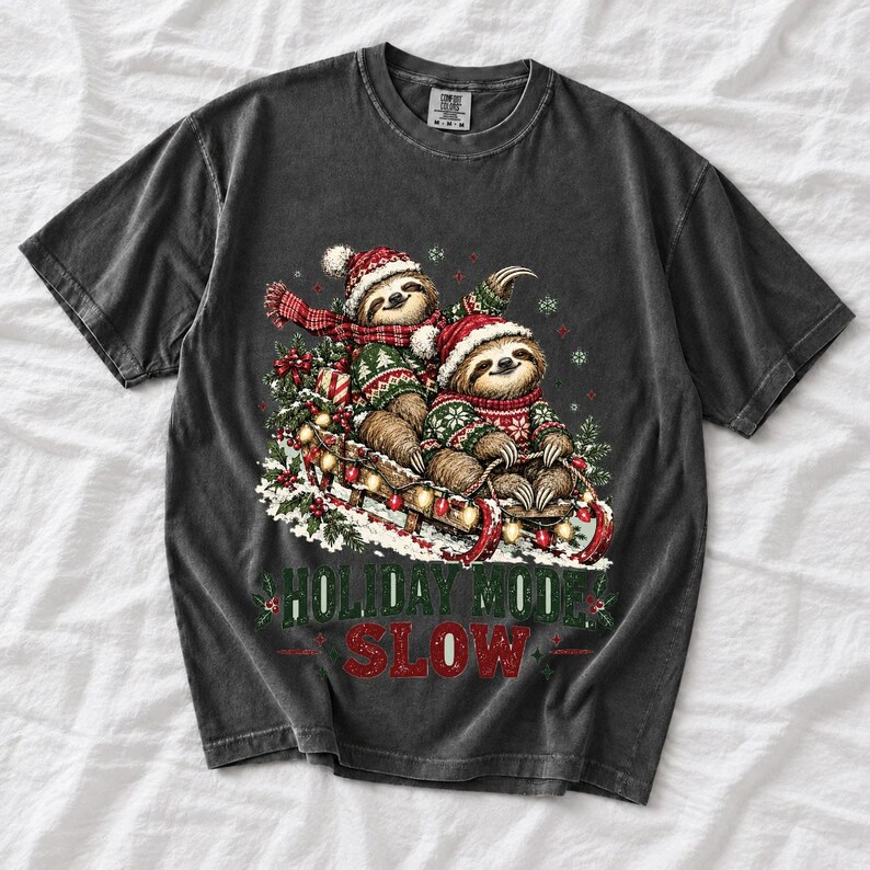 Two sloths in ugly sweaters riding a sled with lights and the text Holiday Mode: Slow