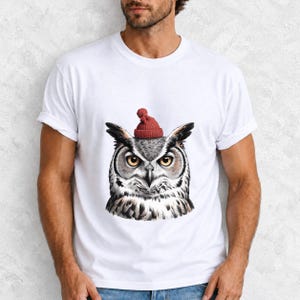 Comfort Colors Owl Santa Hat Shirt, Sketch Owl Christmas Tee, Great Horned Owl Winter T-shirt, Owl Lover Holiday Shirt, Bird Lover Owl Tee