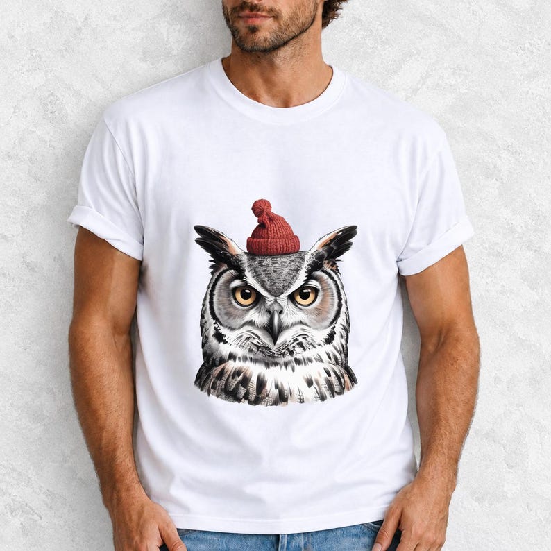 Comfort Colors Owl Santa Hat Shirt, Sketch Owl Christmas Tee, Great Horned Owl Winter T-shirt, Owl Lover Holiday Shirt, Bird Lover Owl Tee