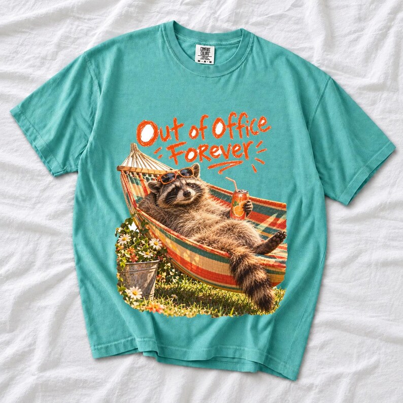 Raccoon relaxing in a hammock with a soda can and sunglasses, 90s film photo style, text "Out of Office Forever"