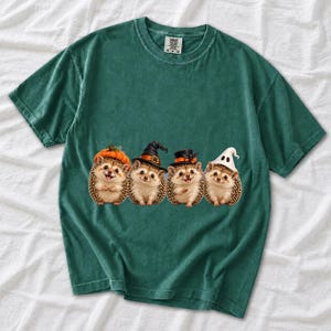 Realistic illustration of four hedgehogs wearing tiny Halloween hats in a row