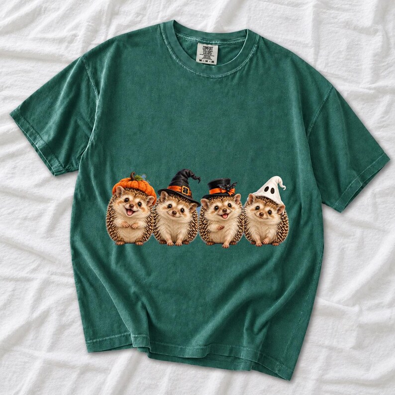 Realistic illustration of four hedgehogs wearing tiny Halloween hats in a row