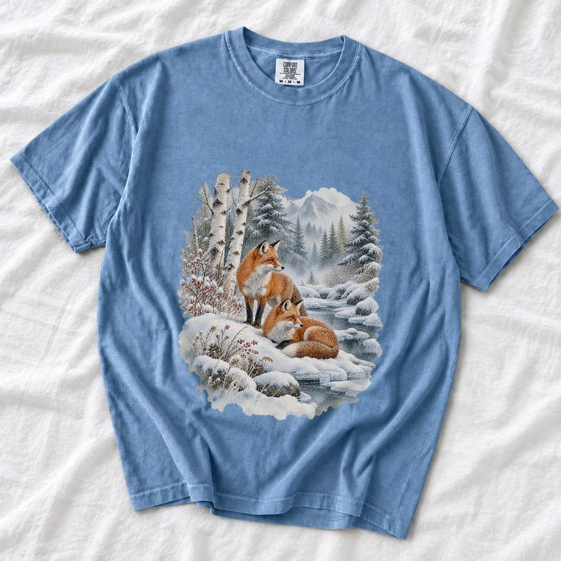 Comfort Colors Winter Fox Shirt, Watercolor Red Fox Tee, Snowy Forest Fox T-shirt, Fox Lover Nature Shirt Gift, Birch Forest Fox Tee