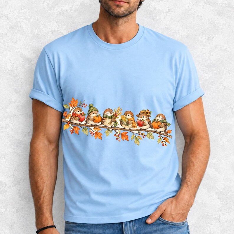Row of watercolor sparrows on a branch holding tiny apples, corn and a pumpkin for harvest