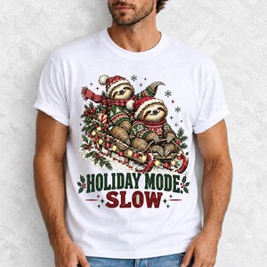 Two sloths in ugly sweaters riding a sled with lights and the text Holiday Mode: Slow