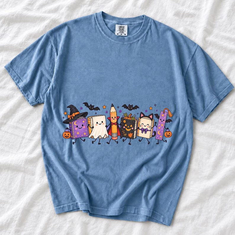 Kawaii books, pencil and bookmark with faces in Halloween costumes, pastel purple and orange
