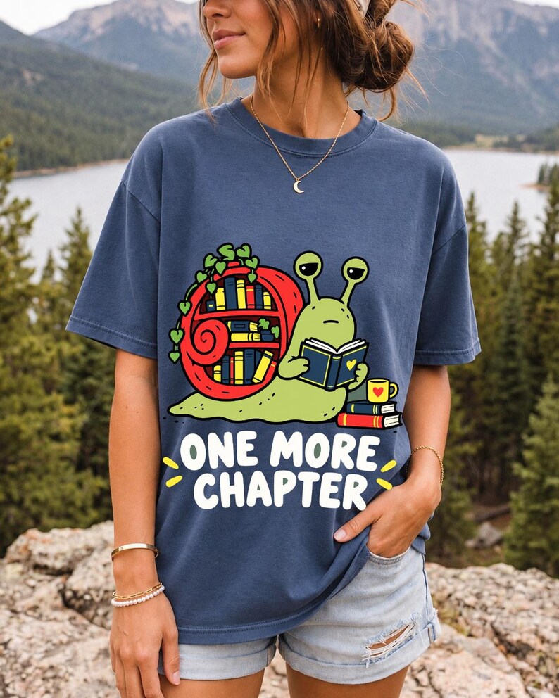 Cartoon snail reading a book with a bookshelf shell and the text One More Chapter