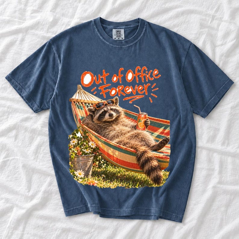 Raccoon relaxing in a hammock with a soda can and sunglasses, 90s film photo style, text "Out of Office Forever"