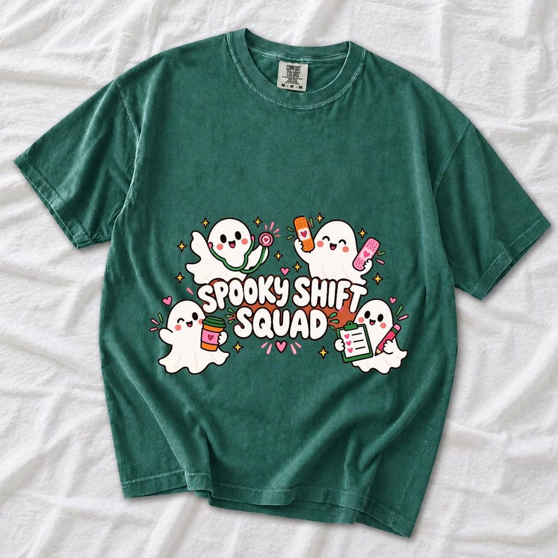 Four kawaii ghosts with stethoscope, bandages, coffee and clipboard, text Spooky Shift Squad