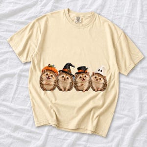 Realistic illustration of four hedgehogs wearing tiny Halloween hats in a row
