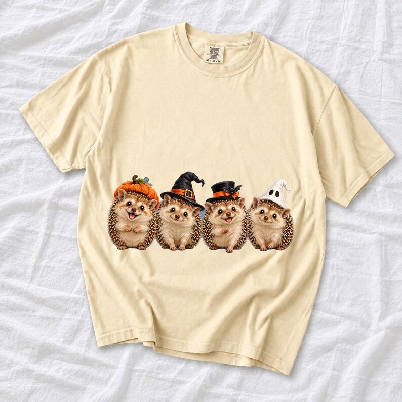 Realistic illustration of four hedgehogs wearing tiny Halloween hats in a row