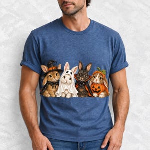 Realistic illustration of four bunnies in witch, ghost, vampire cape and pumpkin costumes in a row