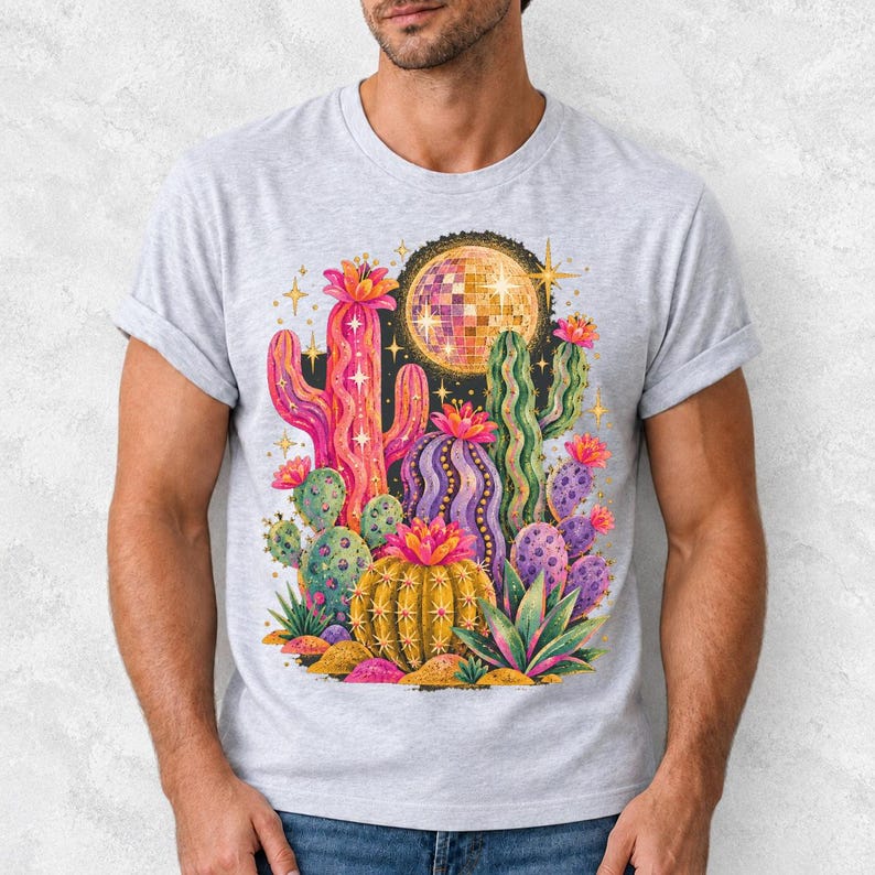 Retro 70s psychedelic glitter cacti with a disco ball moon in pink, mustard, violet and mint