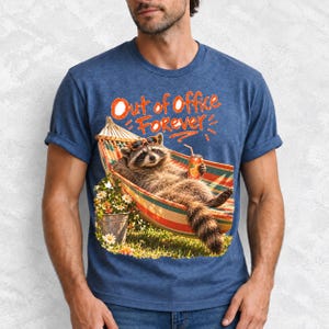 Raccoon relaxing in a hammock with a soda can and sunglasses, 90s film photo style, text "Out of Office Forever"