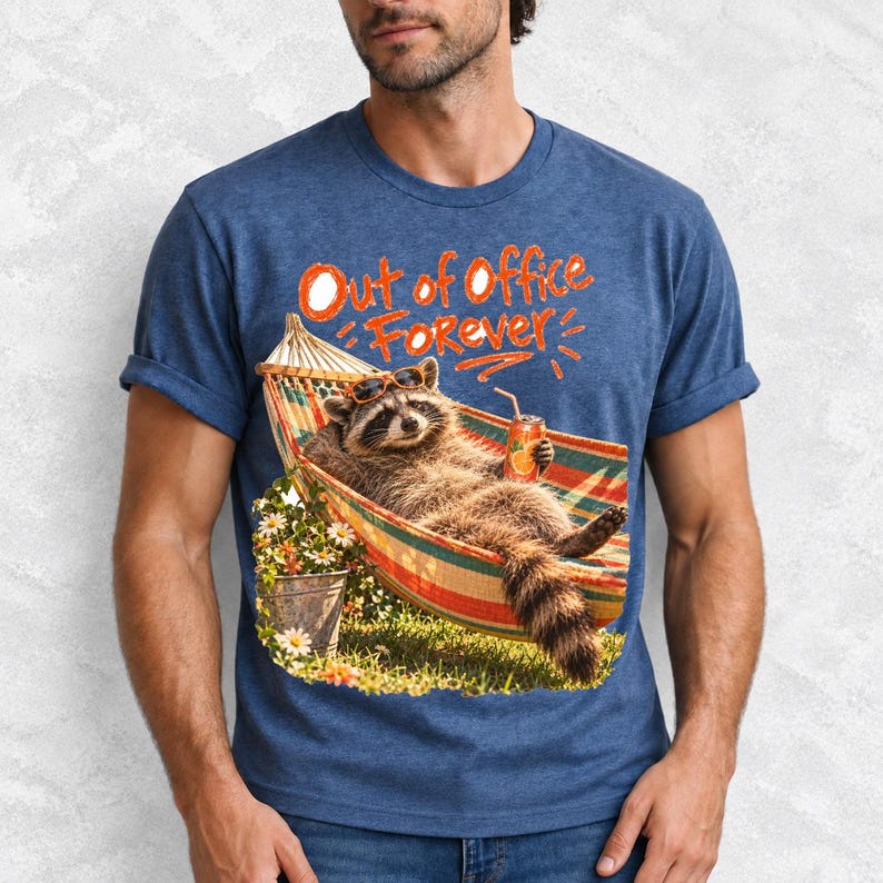 Raccoon relaxing in a hammock with a soda can and sunglasses, 90s film photo style, text "Out of Office Forever"