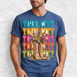 Tan cowboy boots with lavender and wildflowers over a five-line stacked personalized city word in retro colors